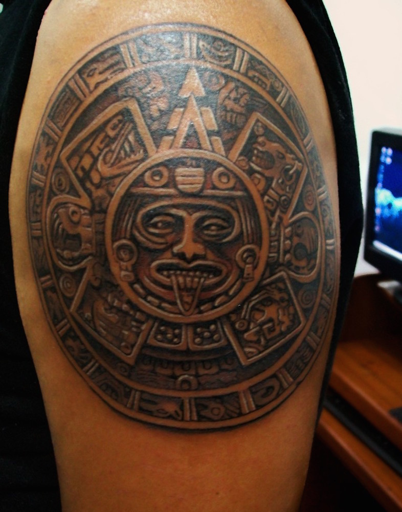 Nice Aztec Calendar Tattoo On Shoulder.